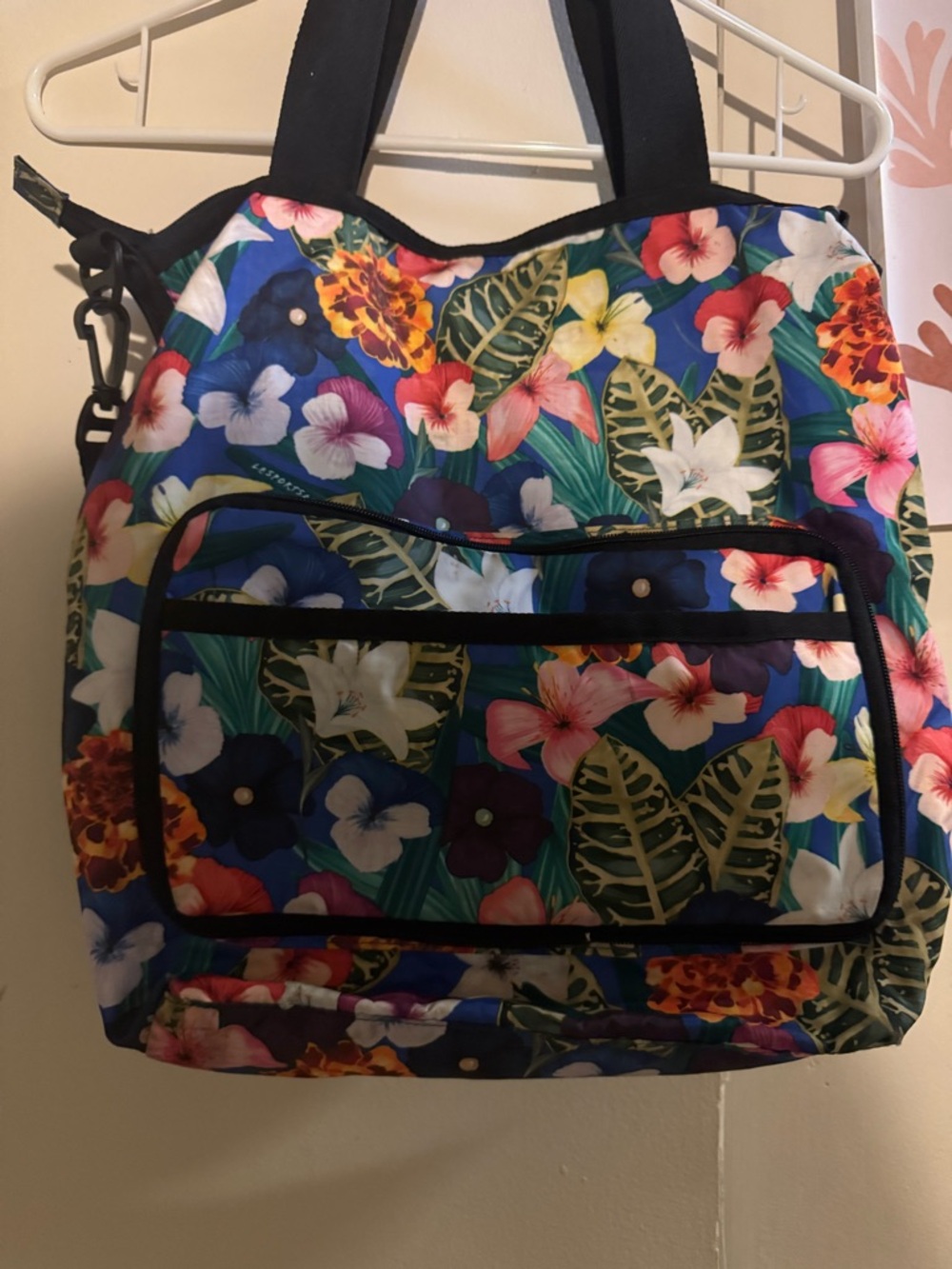 Floral Convertible Tote Bag with Crossbody Strap - Black Trim